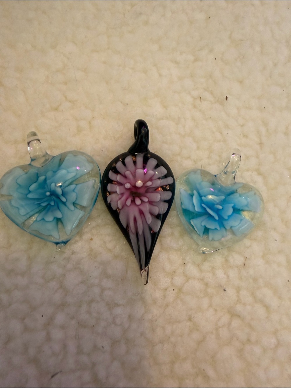Lot of 3 Handmade Lampwork Art Glass Floral Pendants Hearts & Teardrop Unmarked